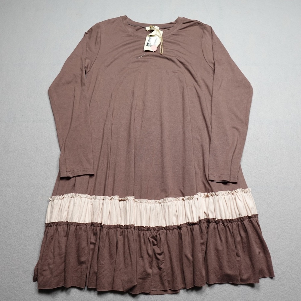 Easel T-Shirt Dress Womens S Brown Colorblock Ruffle Midi Long Sleeve ED21415
